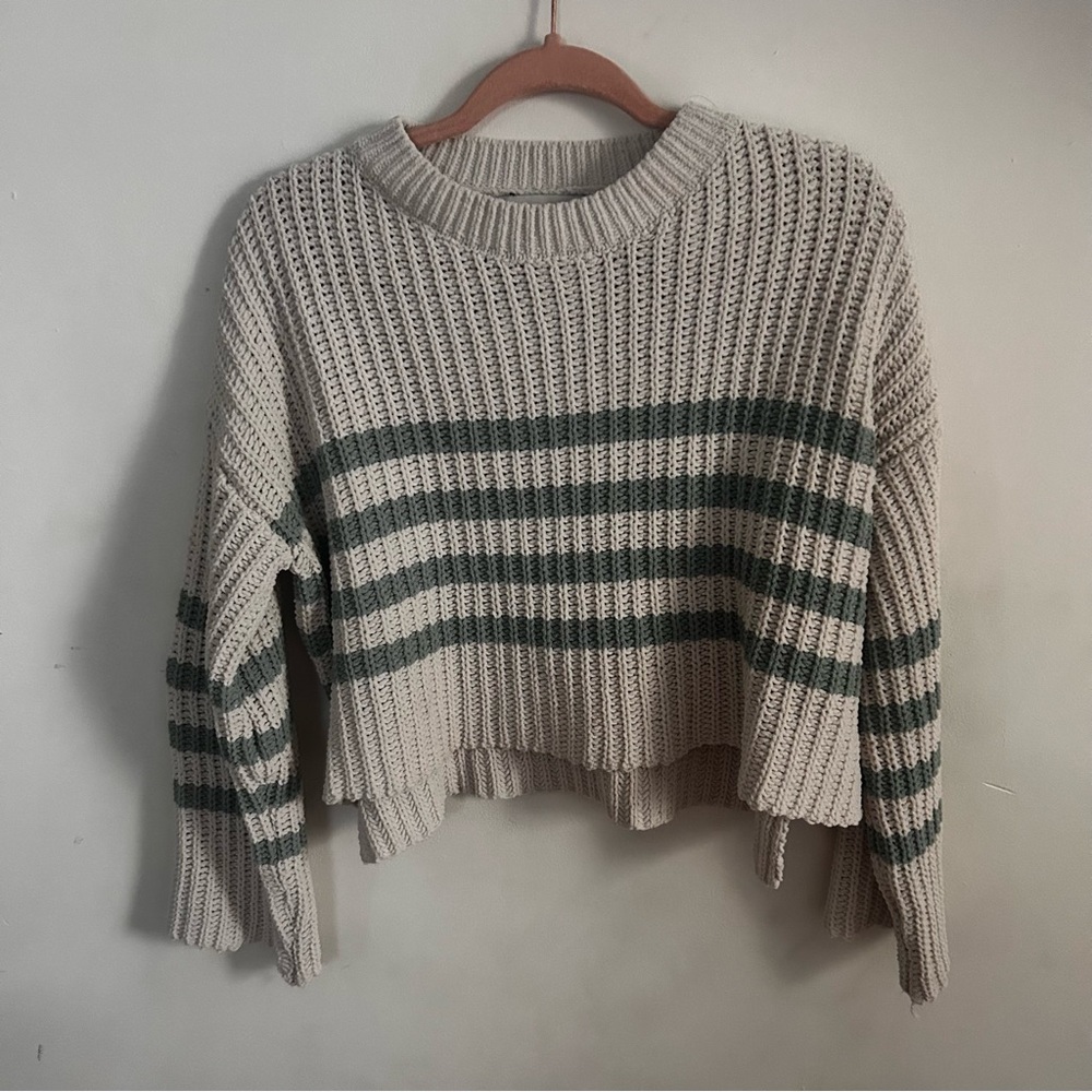 Pink Rose Cream and Green Striped Sweater